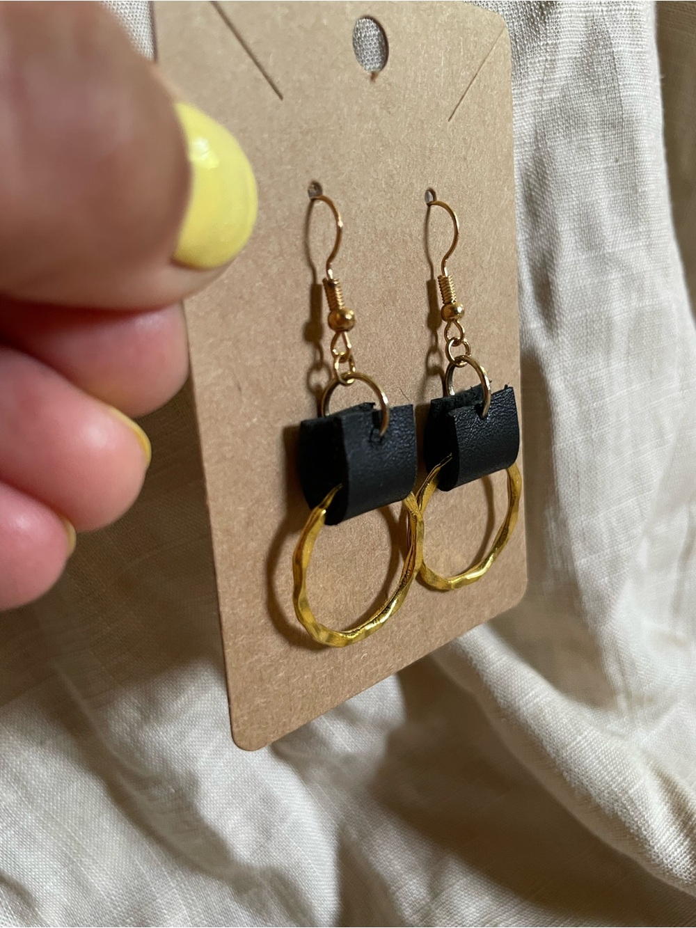 One Of a Kind Gold Hoop and Black Leather Drop Earrings - Women's Jewelry